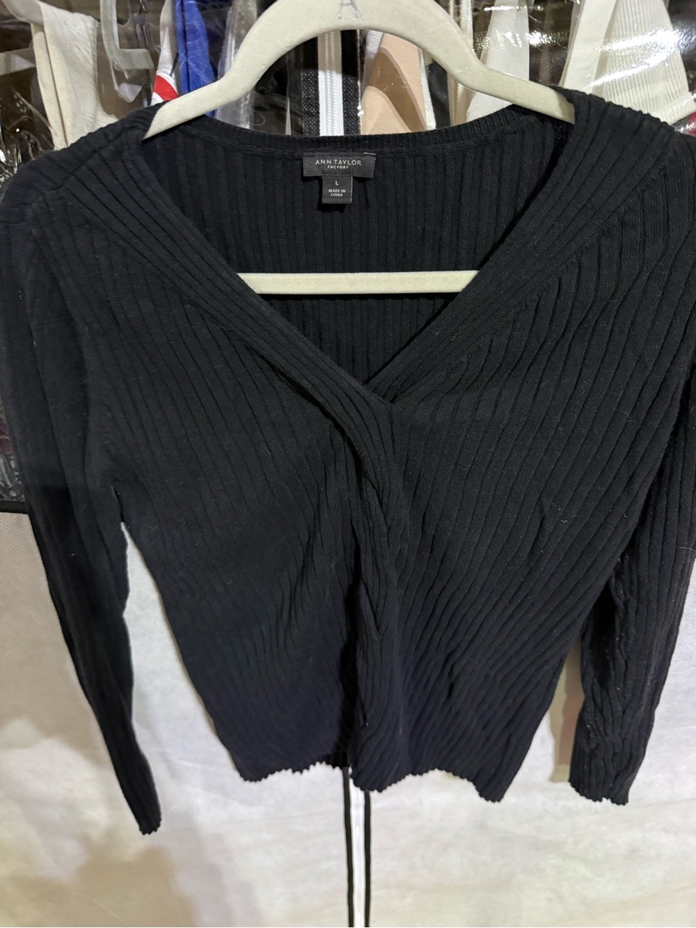 Ann Taylor Black Ribbed V-Neck Wrap-Style Sweater